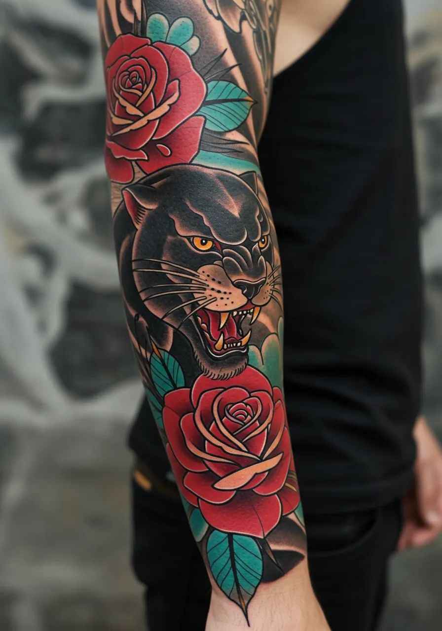 Tatouage New School sur bras pantere