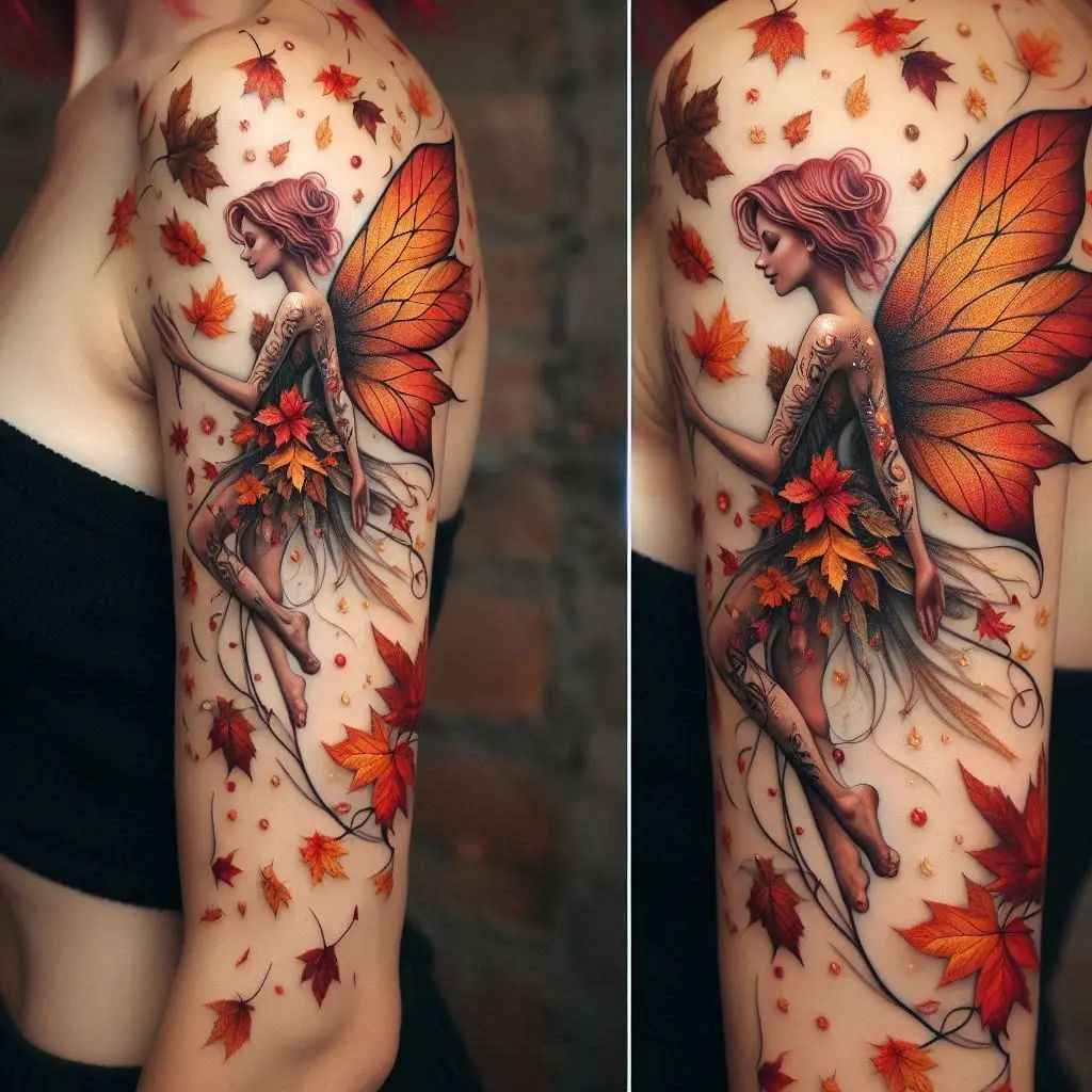 Tatouage fée colorée sur épaule automne_7