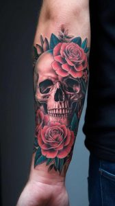 Tatouage néo-trad crâne et roses_1
