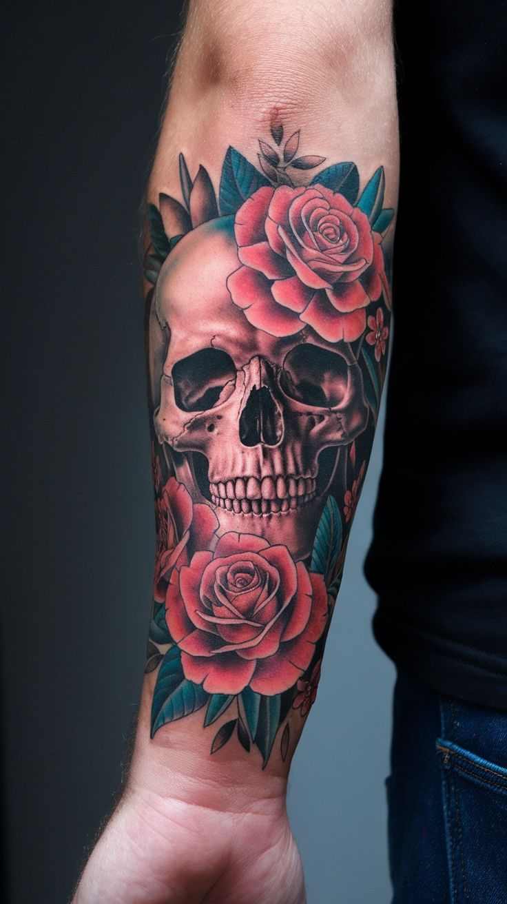Tatouage néo-trad crâne et roses_1