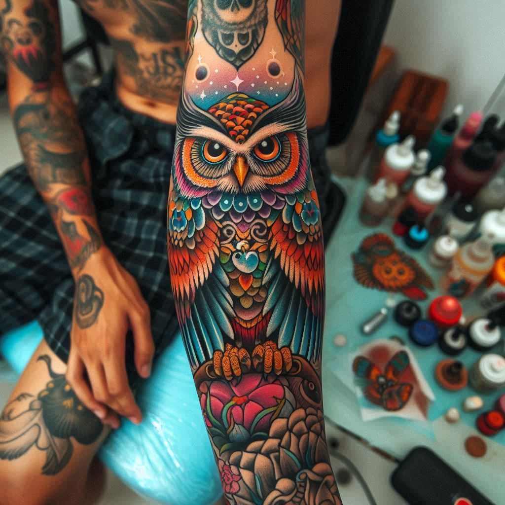 Tatouage néo-trad hibou coloré 2_3