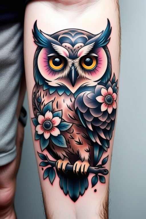 Tatouage néo-trad hibou coloré _2